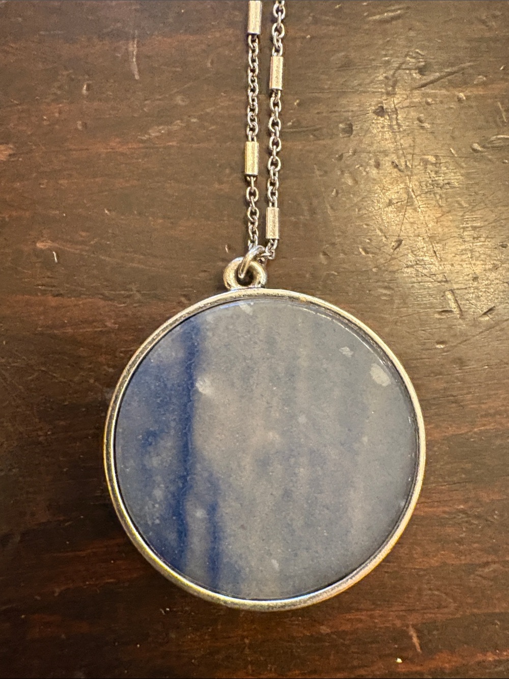 Long Silver Pendant Necklace with Blue Stone